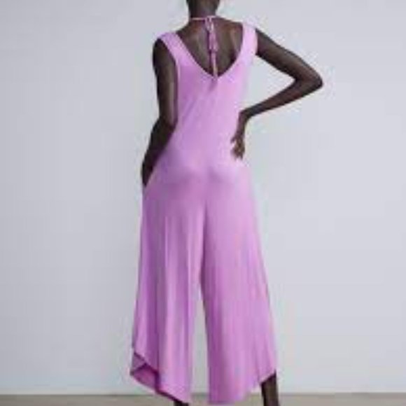 New York & Company Purple Beaded Halter Wide Leg Boho Relaxed Pockets Jumpsuit - Picture 5 of 9
